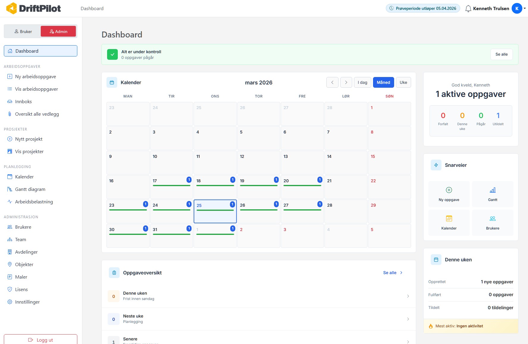 Skjermbilde fra Driftpilot med oversikt over arbeidsoppgaver